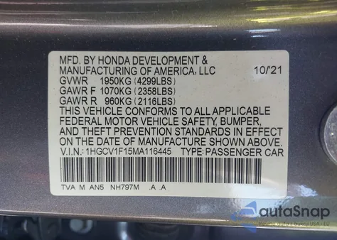2021 Honda Accord Lx from USA, damaged, VIN 1HGCV1F15MA116445